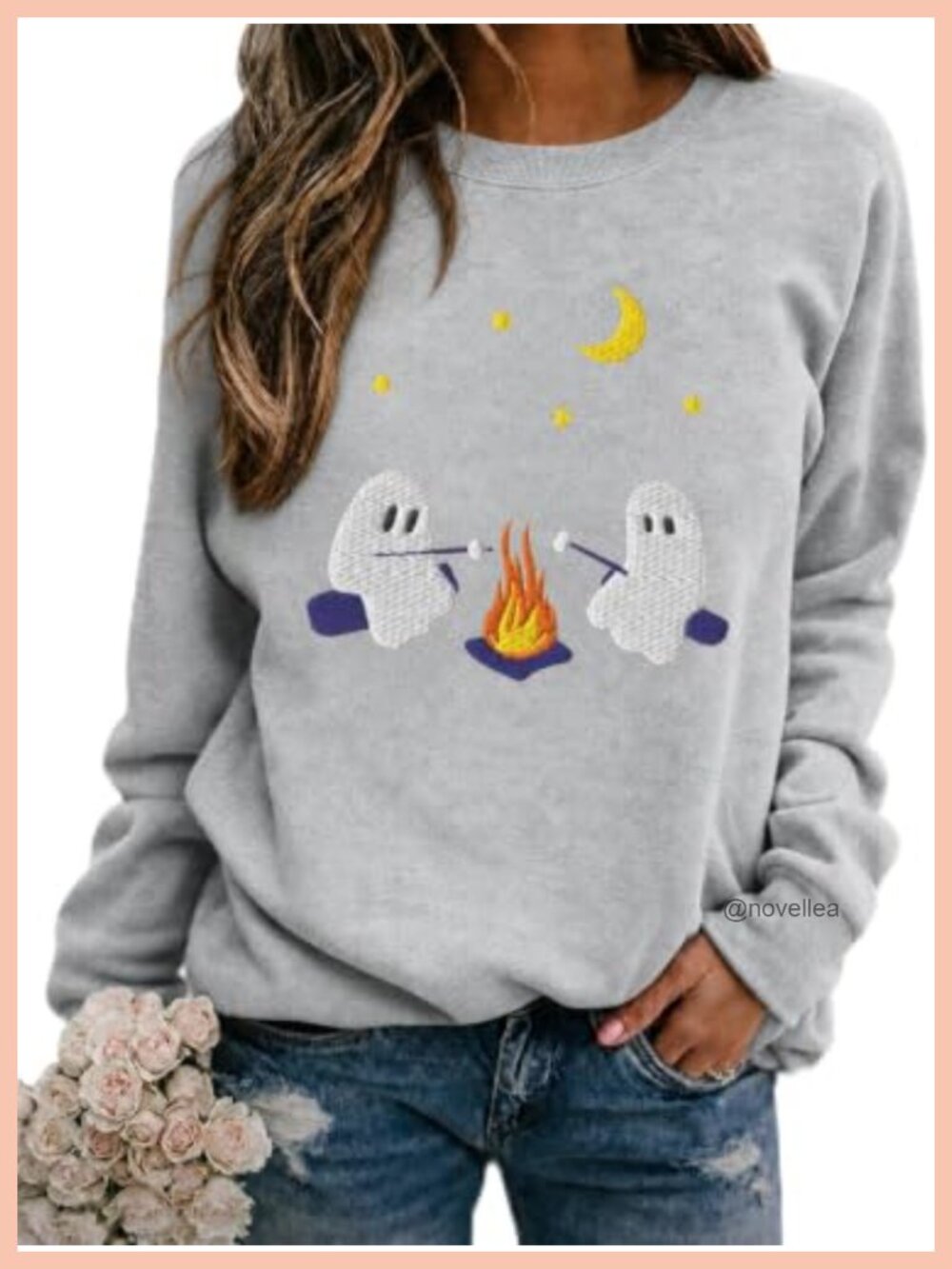 Embroidered Ghost Sweatshirt Womens Cute Spooky Halloween Pullover Casual